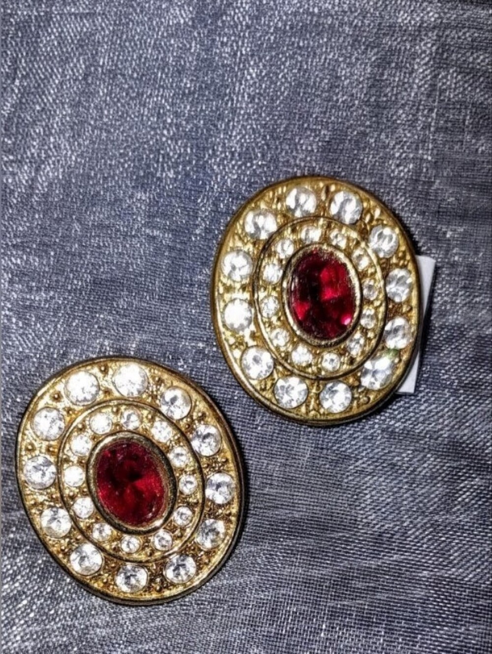 Red Rhinestones Oval Pierced Earrings White Crystal Surround